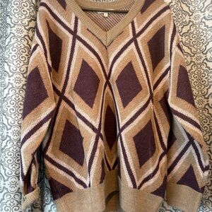 Cozy Geometric V-Neck Sweater in Brown and Cream